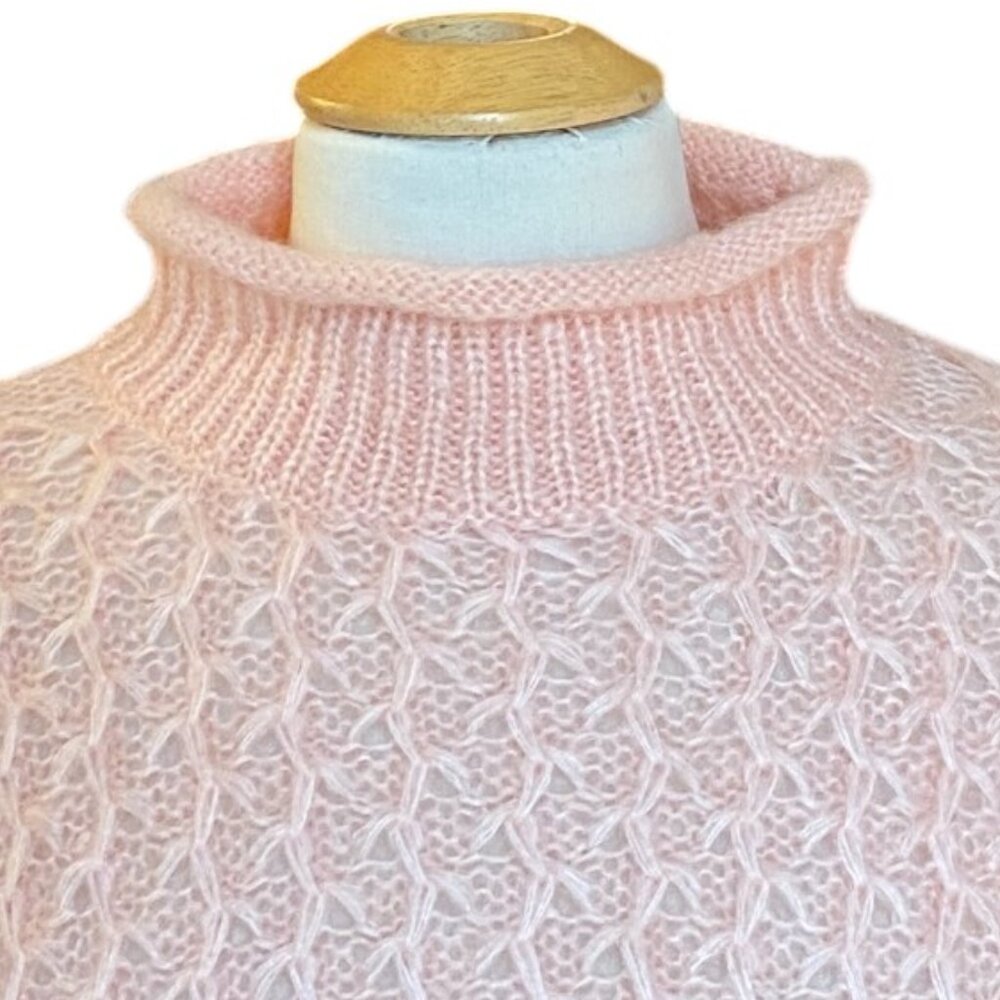 Vintage Roll Neck Mohair Cable Knit Sweater Soft PInk Y2K Coquette French Girl-L - Picture 2 of 9